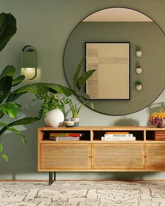 Sala clara com plantas, aparador de madeira e espelho redondo na parede verde